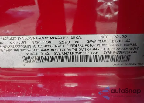 2009 Volkswagen Jetta Se z USA, uszkodzony, nr VIN 3VWRM71K09M135166